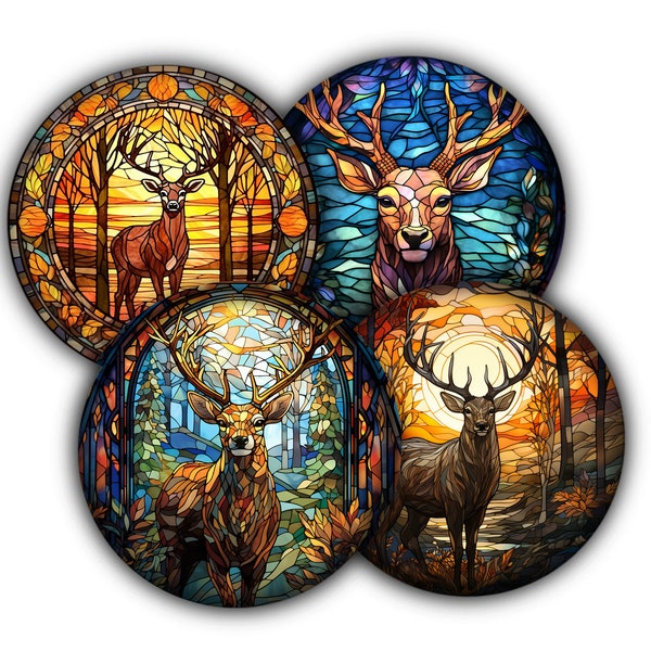 Stained Glass Deer Coaster Set, Tableware, Barware, Cork Backed Coasters, Beverage Holder, Hunting Decor Button Coaster