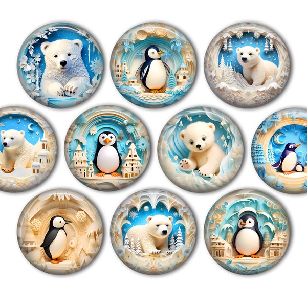 Polar Bear and Penguin Winter Wonderland Pin Back Buttons, Backpack Pins, Jacket Buttons, Flat Back Button, Winter Decor, Polar Bear Jewelry