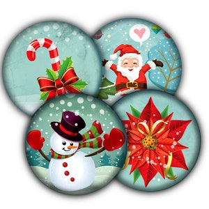 May include: Four round Christmas themed paper craft embellishments with a blue background and white snowflakes. One embellishment features a red and white candy cane with a red bow and green holly. Another embellishment features a red poinsettia flower with a gold ribbon. A third embellishment features a snowman with a black top hat, red mittens, and a green and white striped scarf. The final embellishment features Santa Claus with a red suit and white beard.