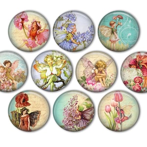 May include: A collection of ten round fairy-themed images. Each image features a fairy with wings, surrounded by flowers and foliage. The fairies are depicted in various poses and colors, with a vintage, whimsical style.