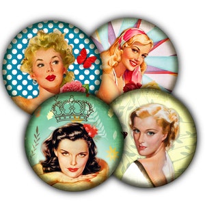 May include: Four round, colorful buttons with images of women from the 1950s. Each button features a different woman with a unique hairstyle and background.