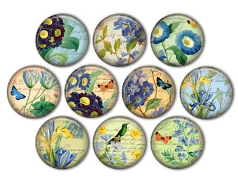 Vintage Blue Birds, Butterfly. & Flower Pin Back Buttons, Backpack Pins, Jacket Buttons, Flat Back Button, Tea Party Decor, Hummingbirds
