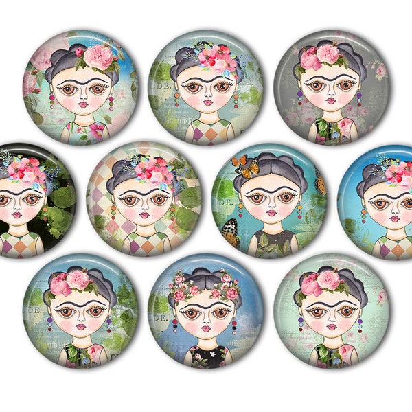 Frida Kahlo Pin Back Buttons, Backpack Pins, Jacket Buttons, Flat Back Button, Frida Kahlo Jewelry, Mexico, Old World Style, Mexican Decor