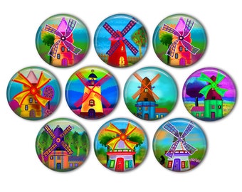 Watercolor Windmill Pin Back Buttons, Backpack Pins, Jacket Buttons, Flat Back Button, Party Favors, Custom Gift