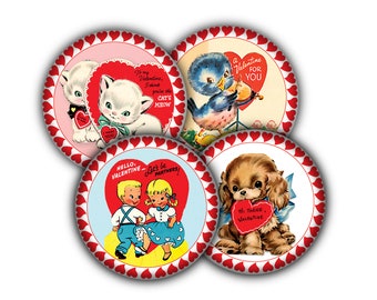 May include: Four vintage Valentine's Day cards featuring a bluebird, two kittens, a puppy, and a boy and girl dancing. The cards have red hearts around the border.