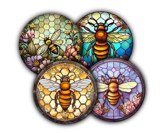 May include: Four round stained glass designs featuring bees and honeycomb patterns. Each design has a different color scheme, including blue, purple, green, and yellow.