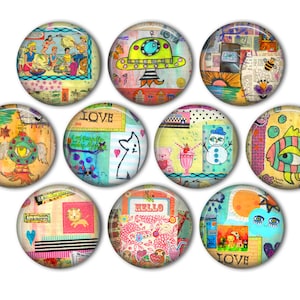 May include: Set of 10 colorful round glass cabochons with various whimsical designs, including a fish, a snowman, a ghost, a flying eye, a spaceship, a teddy bear, a lion, a cat, and a floral pattern. The cabochons are perfect for crafting projects like jewelry, hair clips, and scrapbooking.