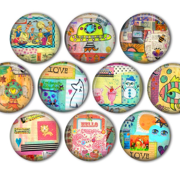 Colorful Funky Art Pin Back Buttons, Backpack Pins, Jacket Buttons, Flat Back Button, OOAK, Collage Art, Art Decor, Artwork, Mixed Media Art