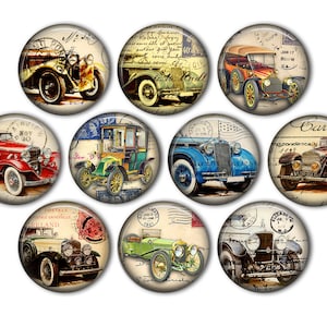 May include: Ten vintage-style round buttons featuring images of classic cars on a white background. Each button has a different car, with various colors and styles, including red, blue, green, and black. The buttons have a distressed, aged look, with faded text and images.
