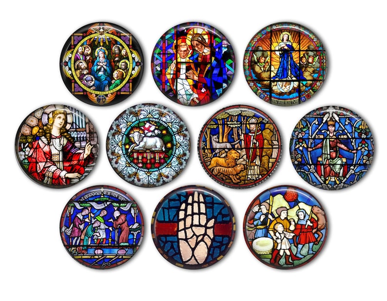 Stained Glass Church Windows Pin Back Buttons, Backpack Pins, Jacket Buttons, Flat Back Buttons, Religious Gifts, Christian Gifts image 1