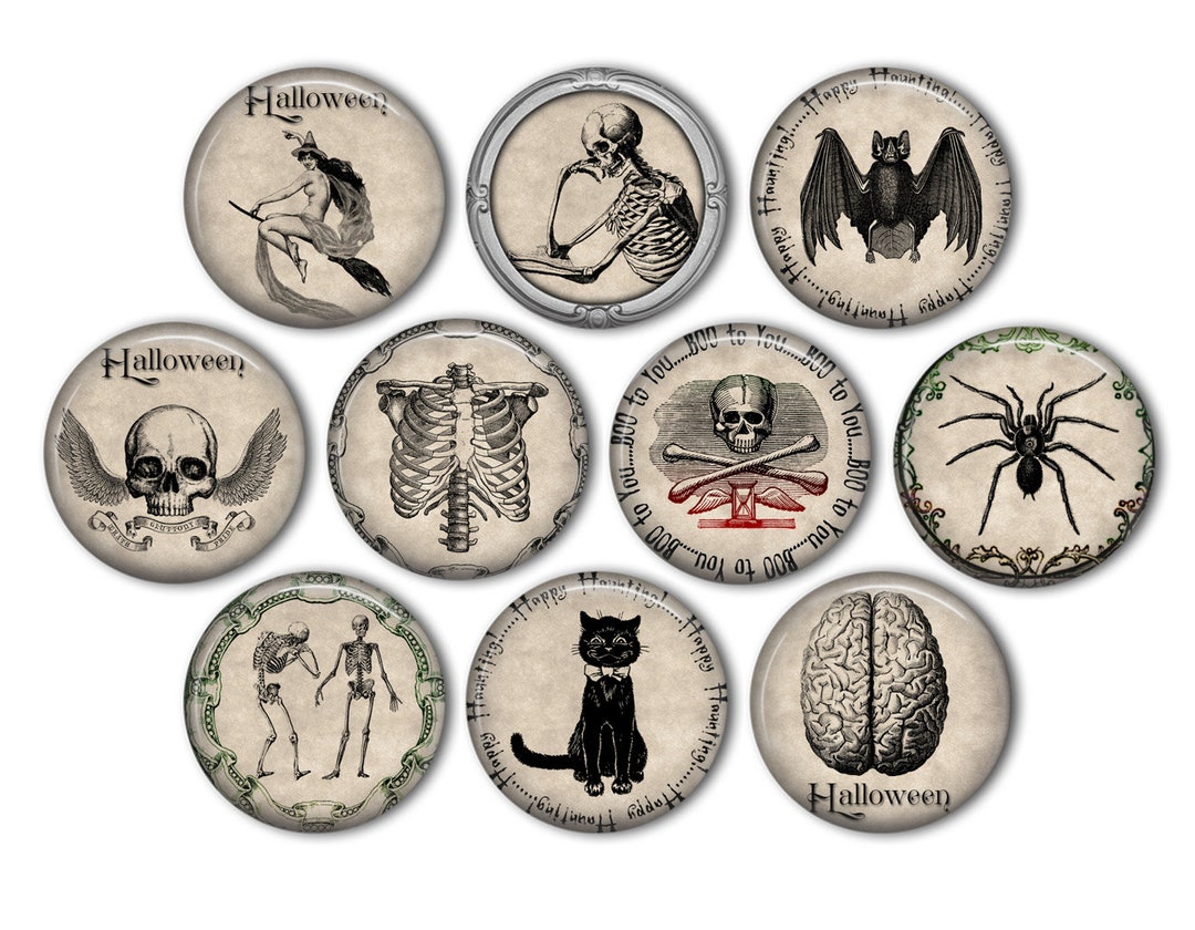 Vintage Halloween Pin Back Buttons, Backpack Pins, Jacket Buttons, Flat ...