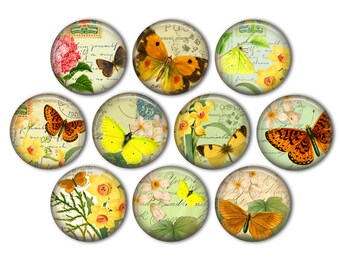 Vintage Yellow,  Butterfly & Flower Pin Back Buttons, Backpack Pins, Jacket Buttons, Flat Back Button, Tea Party Decor