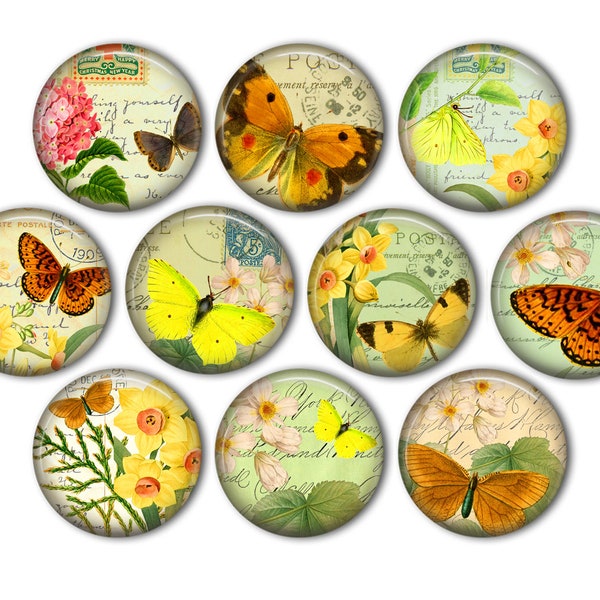 Vintage Yellow,  Butterfly & Flower Pin Back Buttons, Backpack Pins, Jacket Buttons, Flat Back Button, Tea Party Decor