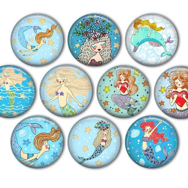 Cute Mermaid Pin Back Buttons, Backpack Pins, Jacket Buttons, Flat Back Button, Pool Party Decor, Mermaid Party Favors