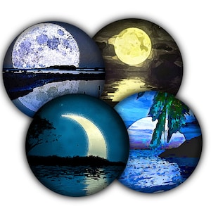 May include: Four circular images depicting different phases of the moon over a body of water. The moon is full in the first image, full and yellow in the second image, a crescent moon in the third image, and a sliver of a moon in the fourth image.