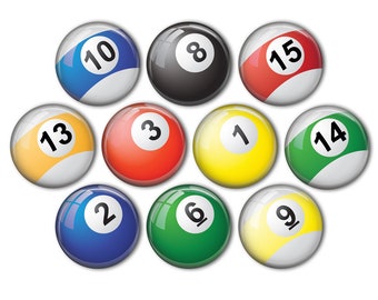 Billiard Balls Pin Back Buttons, Backpack Pins, Jacket Buttons, Flat Back Button, Pool Ball Party Favors, Pool, Eight Ball, Man Cave Decor