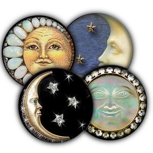 May include: Five round decorative buttons with images of the sun and moon. The sun and moon are depicted as faces with opalescent and pearl-like details. The buttons have a gold-colored rim and are surrounded by a black or white background.