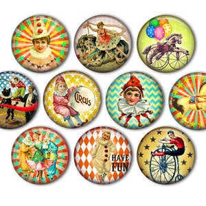 May include: Nine colorful round buttons with vintage circus images. The buttons feature clowns, a carousel horse, a unicycle, and other circus-themed illustrations. The buttons are perfect for adding a touch of whimsy to any project.