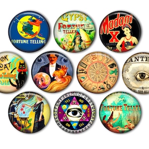 May include: Nine round fortune teller themed buttons with colorful illustrations. The buttons feature images of a black cat, a fortune teller, a gypsy, a fortune telling wheel, a fortune teller with a crystal ball, a fortune teller with a magic wand, a fortune teller with a tarot card, a fortune teller with a Ouija board, and an all-seeing eye.