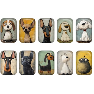 May include: A collection of ten rectangular magnets featuring whimsical illustrations of various dog breeds. Each magnet showcases a different dog with unique characteristics and colors, set against a colorful background.