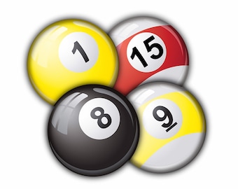 May include: Four billiard balls, one black with the number 8, one yellow with the number 1, one yellow with the number 9, and one red with the number 15.