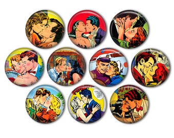 Comic Book Art Kiss Pin Back Buttons, Backpack Pins, Jacket Buttons, Flat Back Button, Party Decor, Valentine, Romantic Gift, Lovers Gift