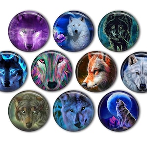 May include: Set of 10 round buttons featuring different wolf illustrations. The buttons feature wolves in various colors and poses, including a wolf howling at the moon, a wolf with blue flames, and a wolf with colorful fur.