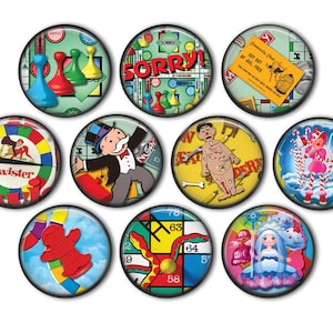 May include: Ten round buttons with images of classic board games. The buttons feature images of Monopoly, Sorry!, Twister, Candy Land, Chutes and Ladders, Operation, and more.