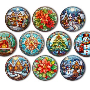 May include: Set of ten round glass ornaments with stained glass designs featuring winter holiday themes. The designs include a snowman, a fireplace, a Christmas tree, a poinsettia, and a winter village scene.