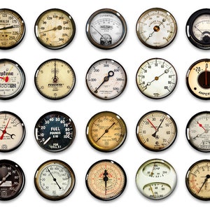 May include: A collection of 18 vintage-style round gauges with black bezels and white faces. The gauges have various measurements, including fuel, pressure, amperes, and temperature. Some gauges have red needles, while others have black needles.