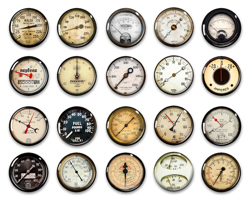 May include: A collection of 18 vintage-style round gauges with black bezels and white faces. The gauges have various measurements, including fuel, pressure, amperes, and temperature. Some gauges have red needles, while others have black needles.