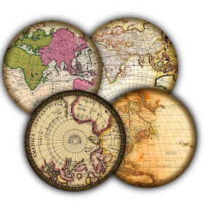 May include: Four vintage world maps printed on round discs. The maps are in shades of brown, green, pink, and white. The maps show the continents of North America, South America, Europe, Asia, Africa, and Australia.