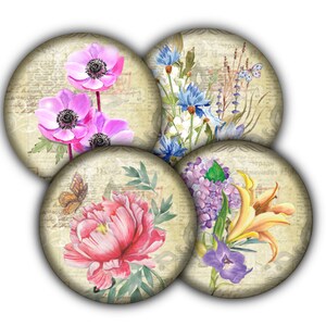 May include: Four round floral designs featuring watercolor illustrations of various flowers, including pink anemones, blue irises, and a red peony. Each design has a vintage paper background with script.