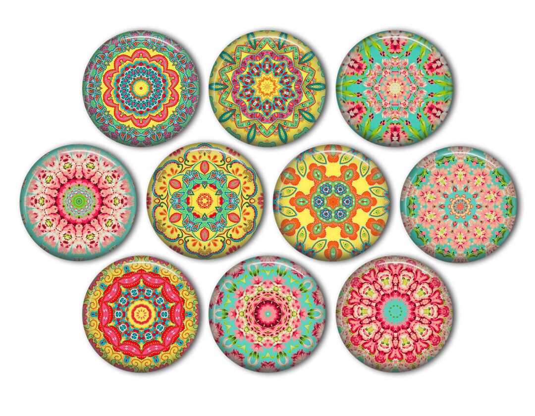 Colorful Mandala Pin Back Buttons, Backpack Pins, Jacket Buttons, Flat ...