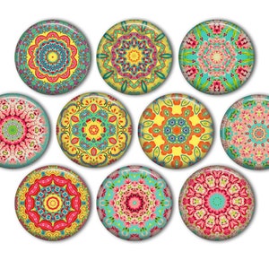 May include: Ten round, colorful, decorative, mandala-style, patterned, glass cabochons. The cabochons are in shades of pink, yellow, blue, green, and orange.