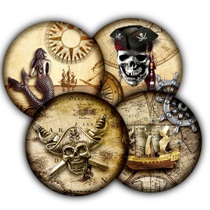 May include: Five round, decorative, vintage-style, paper-like coasters with a pirate theme. Each coaster features a different image, including a mermaid, a skull with a pirate hat, a ship, a compass, and a steering wheel.