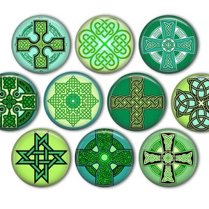 May include: Set of ten round green and white Celtic knot designs. The designs include a cross, a four-leaf clover, and various interlacing patterns.