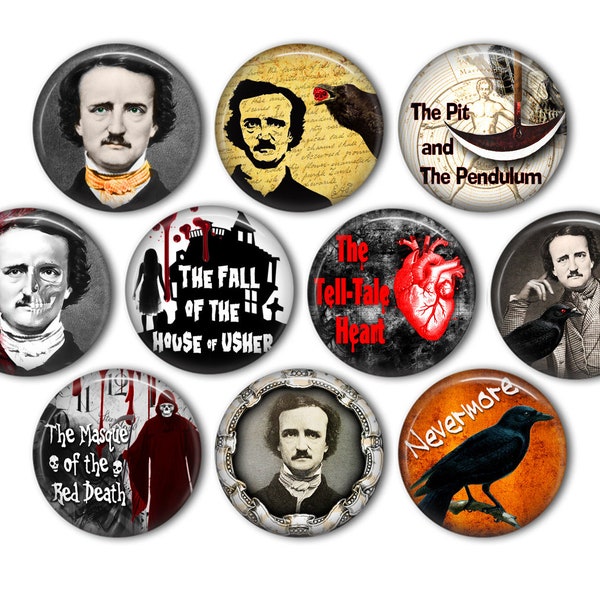 Edgar Allen Poe Pin Back Buttons, Backpack Pins, Jacket Buttons, Flat Back Button, Halloween Party Decor, Goth, Steampunk Fashion