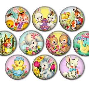May include: A set of ten round, colorful Easter-themed buttons featuring images of bunnies, chicks, lambs, and ducks. The buttons are perfect for adding a touch of spring to crafts, scrapbooking, and other projects.