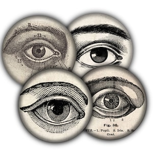 May include: Four vintage illustrations of human eyes, each with a different focus on the anatomy of the eye. The illustrations are in black and white and have a textured background.