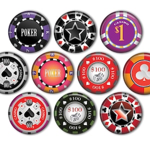 May include: Nine round casino chips with different designs.  The chips are red, black, purple, orange, and green.  The chips have the words "Casino", "Poker", and "$100" on them.