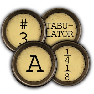 May include: Four vintage typewriter keys with black lettering on a cream background. The keys are labeled "#3", "TABULATOR", "A", and "1/4 1/8".