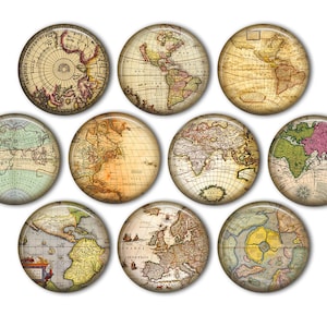 May include: Set of ten round vintage map magnets. Each magnet features a different antique world map with various colors, including brown, green, yellow, and pink. The maps are surrounded by a white border.