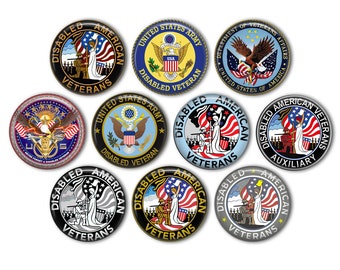 May include: Nine round buttons with various designs featuring the words "Disabled American Veterans" and "United States Army Disabled Veteran".