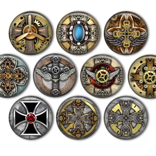 Steampunk Cross Pin Back Buttons, Backpack Pins, Jacket Buttons, Flat Back Buttons, Party Favors, Steampunk Fashion, British Cross