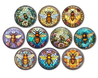 Stained Glass Bee Pin Back Buttons, Backpack Pins, Jacket Buttons, Flat Back Button, Honey Bee Decor, Stained Glass Bee, Honey Bee Key Chain