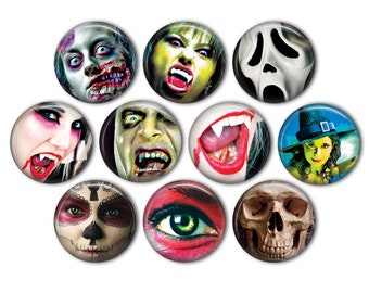 Halloween Horror Faces Pin Back Buttons, Backpack Pins, Jacket Buttons, Flat Back Buttons, Party Favors, Halloween Decor, Goth, Zombie Gift