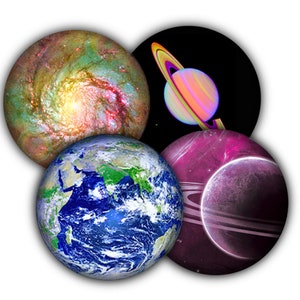 May include: A collection of four circular images depicting celestial bodies. One shows a spiral galaxy with green, yellow, and red hues. Another features Saturn with colorful rings. Earth and a purple planet with rings are also shown.
