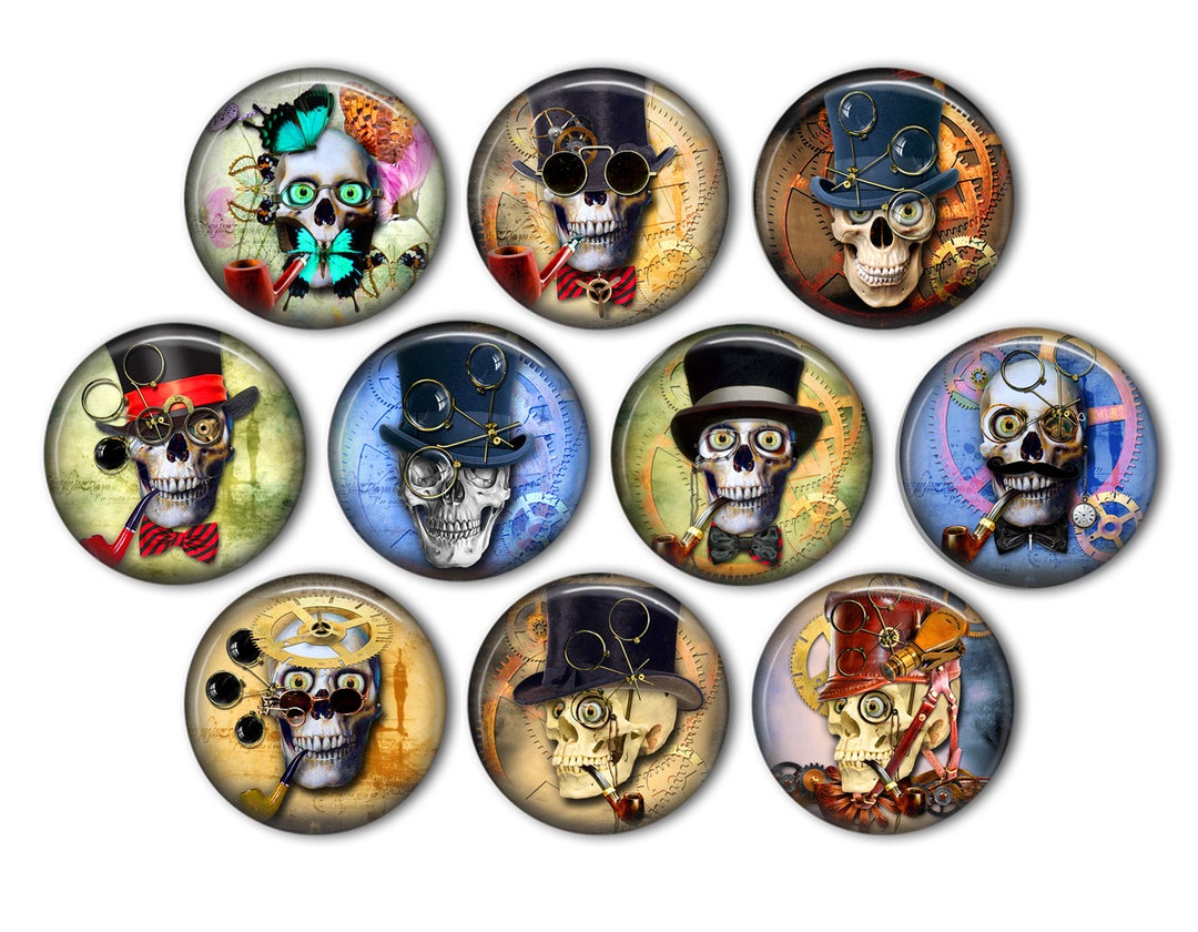 Steampunk Skull Pin Back Buttons, Backpack Pins, Jacket Buttons, Flat ...