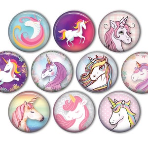May include: Ten round, colorful, decorative buttons featuring different illustrations of unicorns with rainbow manes and tails. The buttons are perfect for crafting projects.